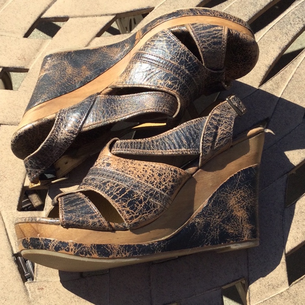 Bed Stu Leather Distressed Wooden Platform Wedge Sandal Heels US Size 10.